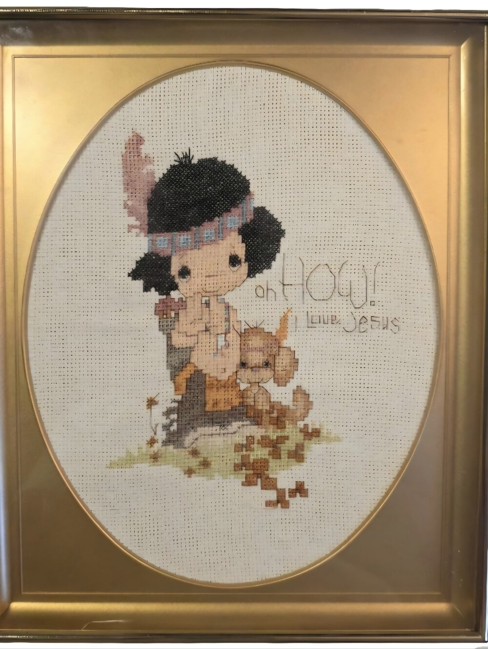 Vintage Precious Moments Cross Stitch Native American Boy with Puppy 1980's
